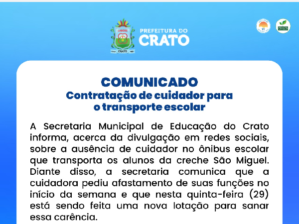 Nota da Secretaria Municipal de Educação sobre contratação de cuidadora no transporte escolar